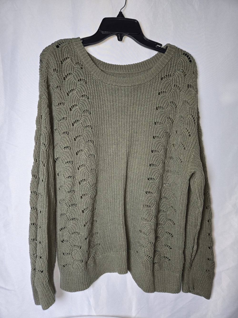 Christopher & Banks Olive Green Open Cable Knit Crewneck Sweater